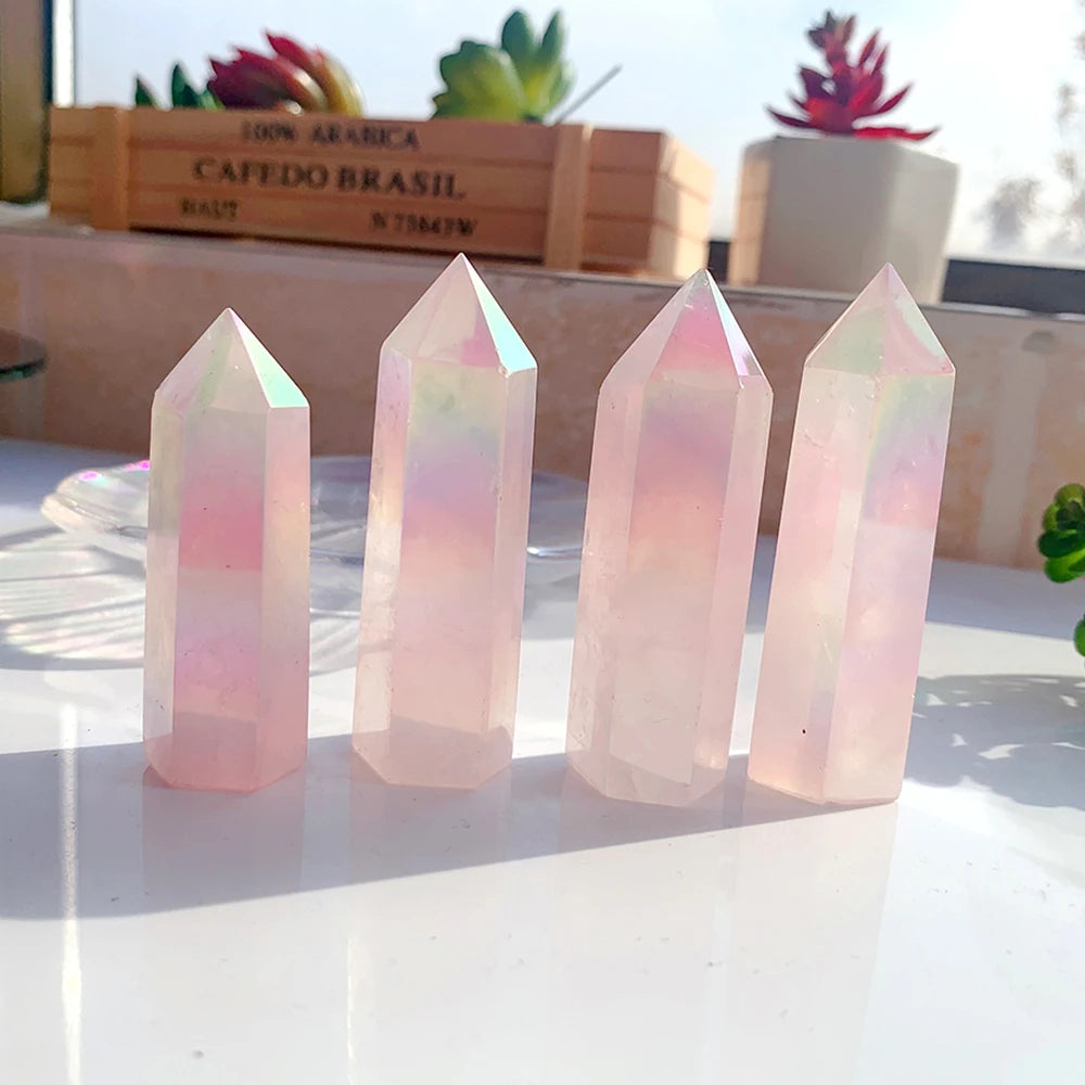 Buyde Natural Stones Crystal Point Wand Rose Quartz Healing Gem Electroplate Angel Aura Home Decoration