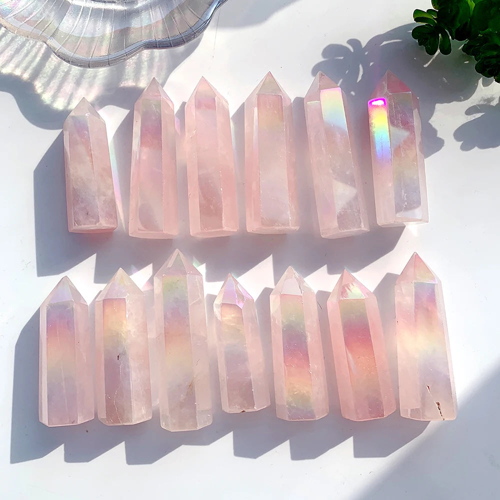 Buyde Natural Stones Crystal Point Wand Rose Quartz Healing Gem Electroplate Angel Aura Home Decoration