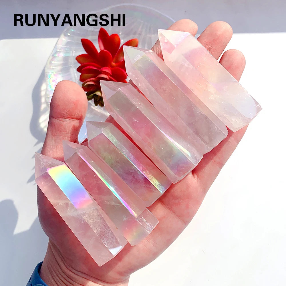 Buyde Natural Stones Crystal Point Wand Rose Quartz Healing Gem Electroplate Angel Aura Home Decoration