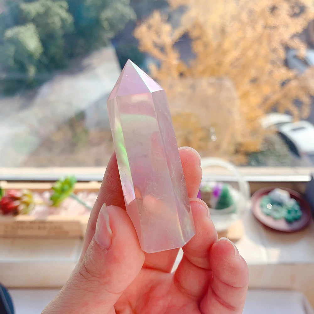 Buyde Natural Stones Crystal Point Wand Rose Quartz Healing Gem Electroplate Angel Aura Home Decoration