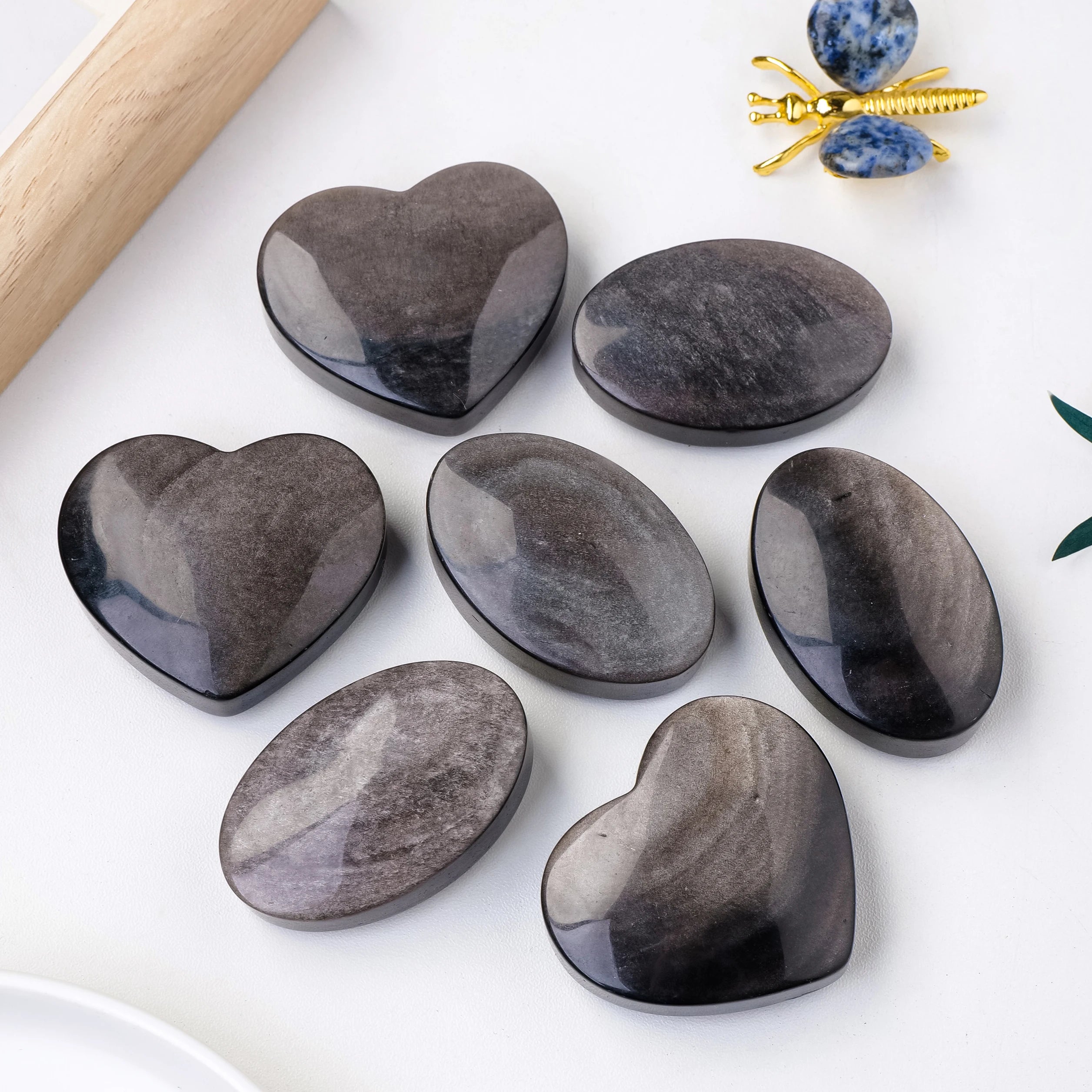 1PC Natural Crystal Silver Obsidian Heart Worry Pocket Palm Stone Healing Energy Gemstone Therapy Geometry Chakra Balancing