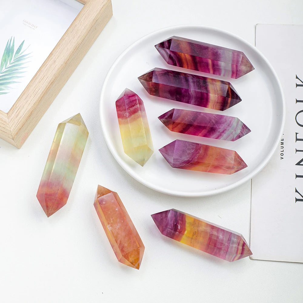 1PC Natural Crystal Wand Watermelon Fluorite Termated Double Crystal Point 6 Healing Obelisk Home Decor