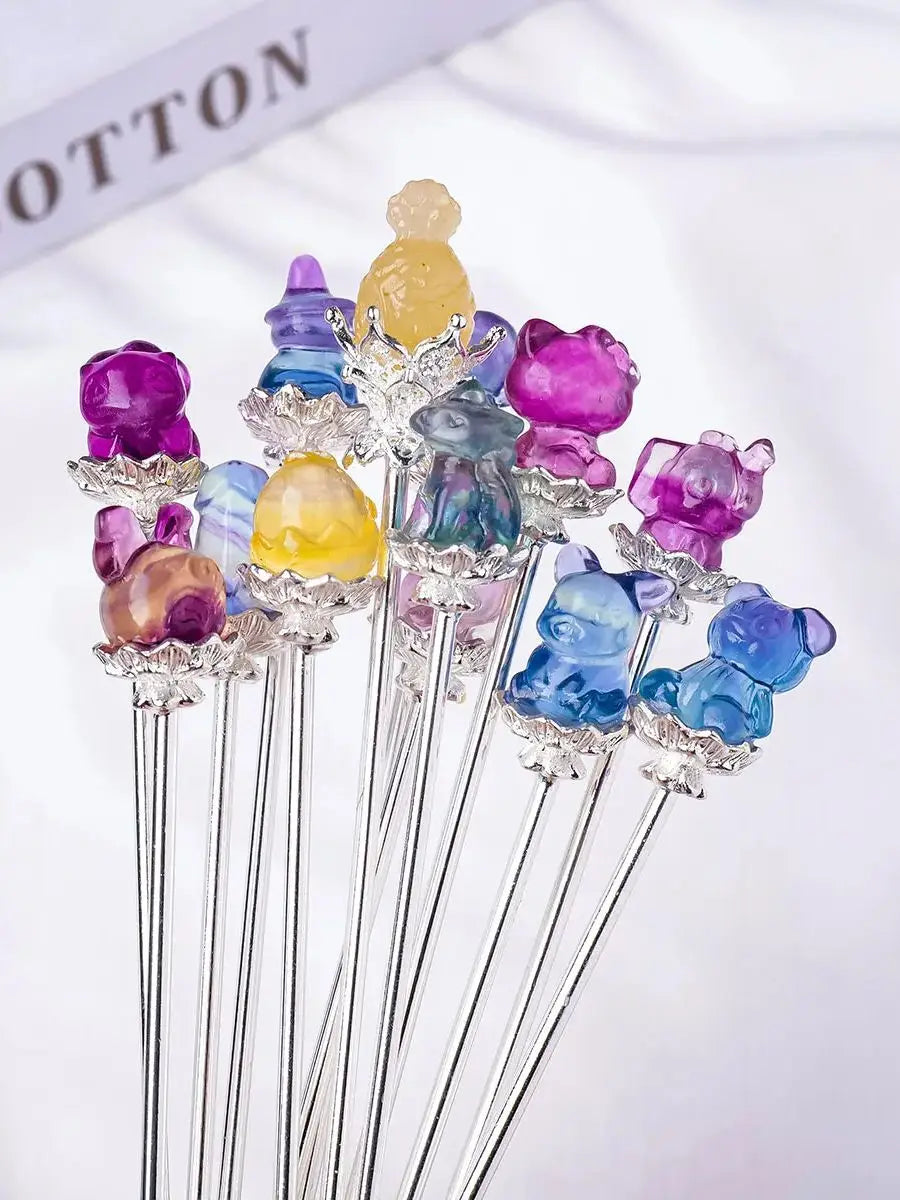 1pc Natural Gemstone Colorful Fluorite Cartoon Animal Sculptures Hairpin Crystal Barrettes Headwear Hair Accessories