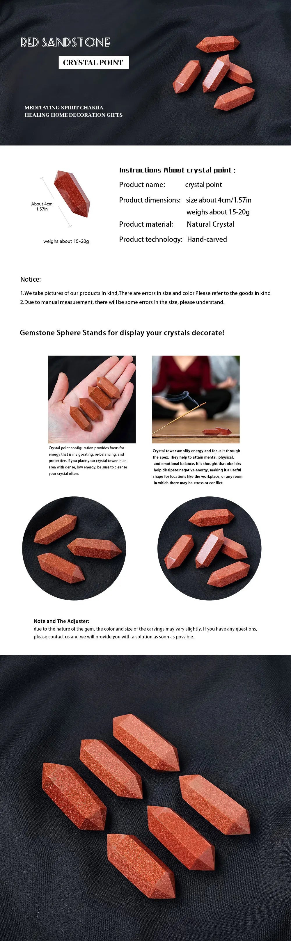 1PC Natural Crystal Red Sandstone Hexagonal Prisms Double Point Jewelry DIY Gifts Wand Specimen Reiki Healing Stone