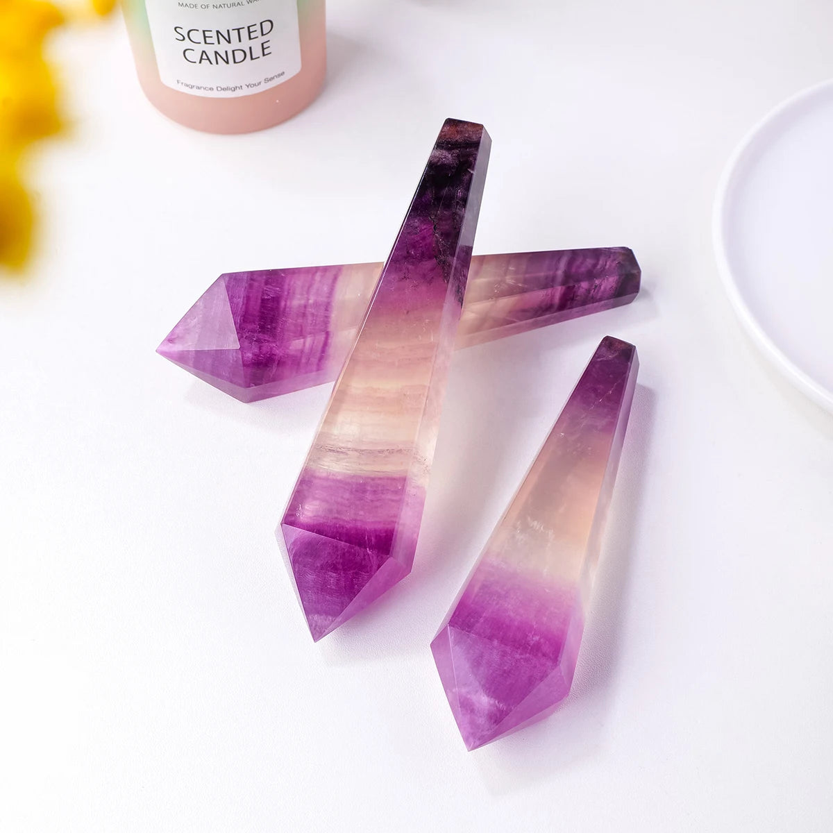 1PC Natural Crystal Purple Fluorite Taper Soul Pendulum Magic Wand Crystal Reiki Meditation Room Decorations