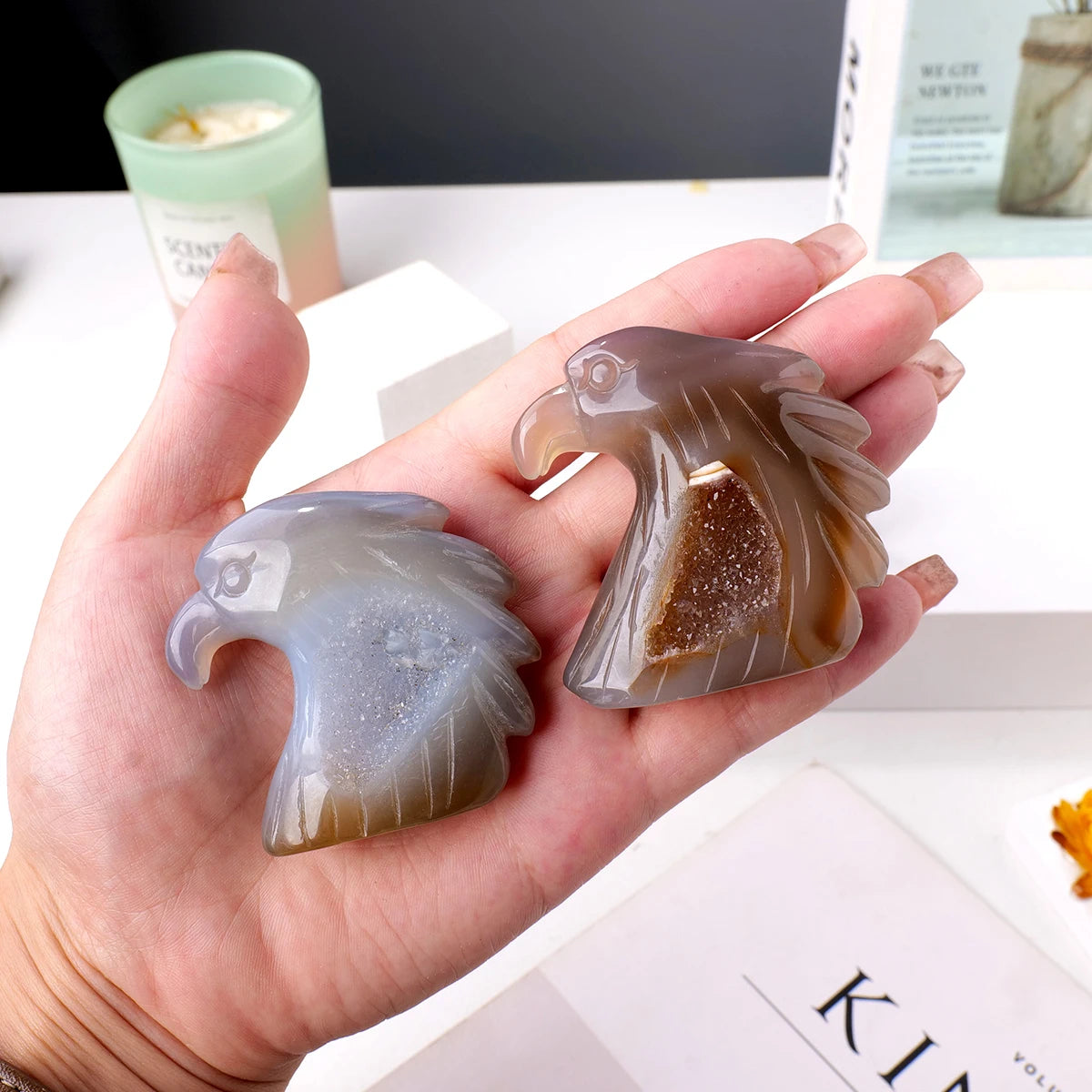 1PC Natural Crystal Agate Eagle Hand Engraving Display Healing Crystals Home Decoration Gift