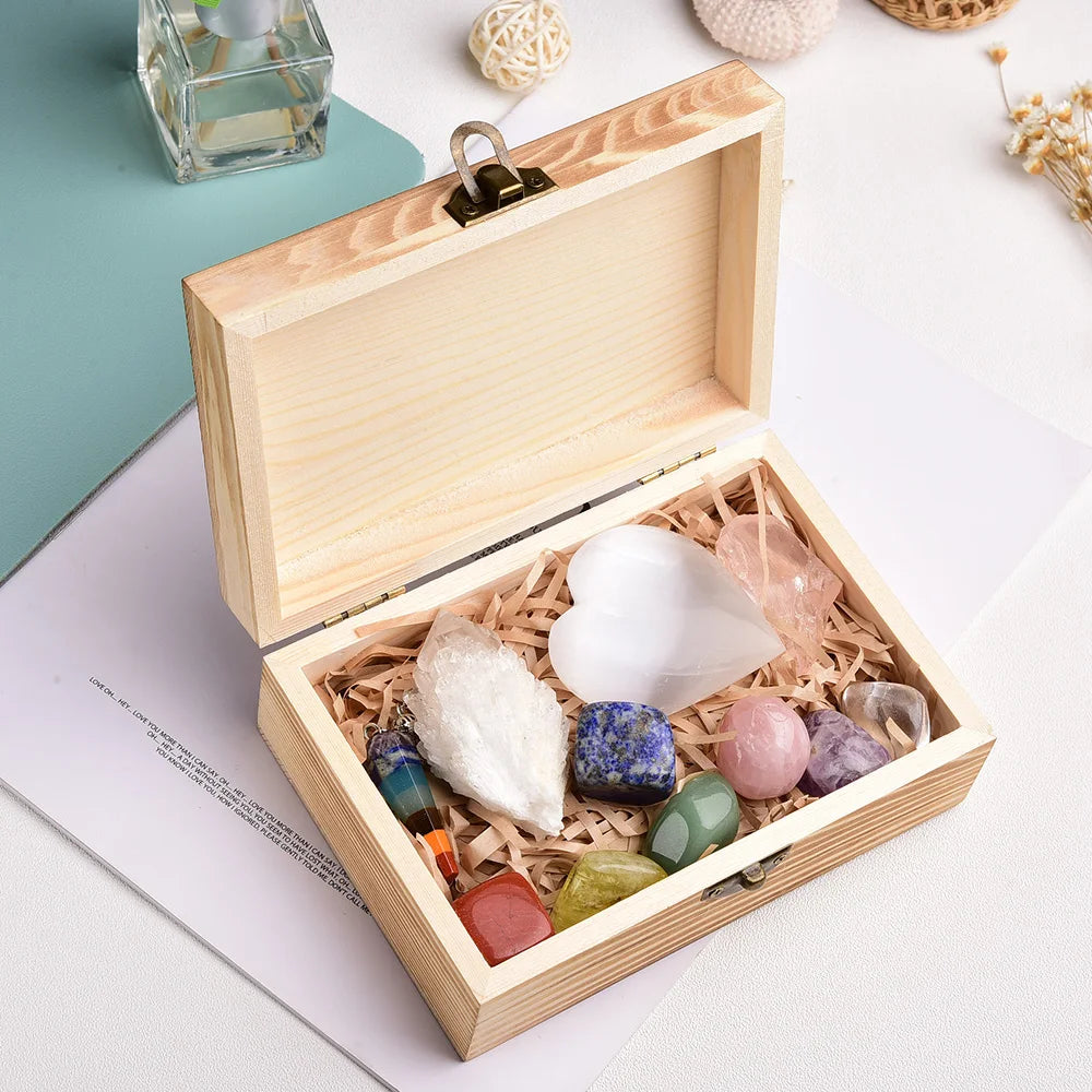 Hot Selling Chakra Stone Box Crystal Healing Stone Energy Collection Wooden Box Set