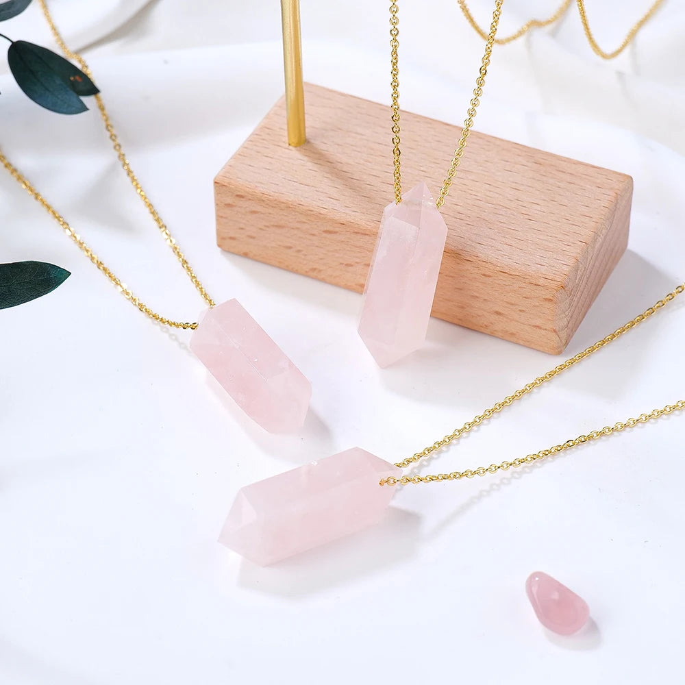 1PC Natural Rose Quartz Fluorite Crystal Double Point Pendant Healing Crystals Necklaces