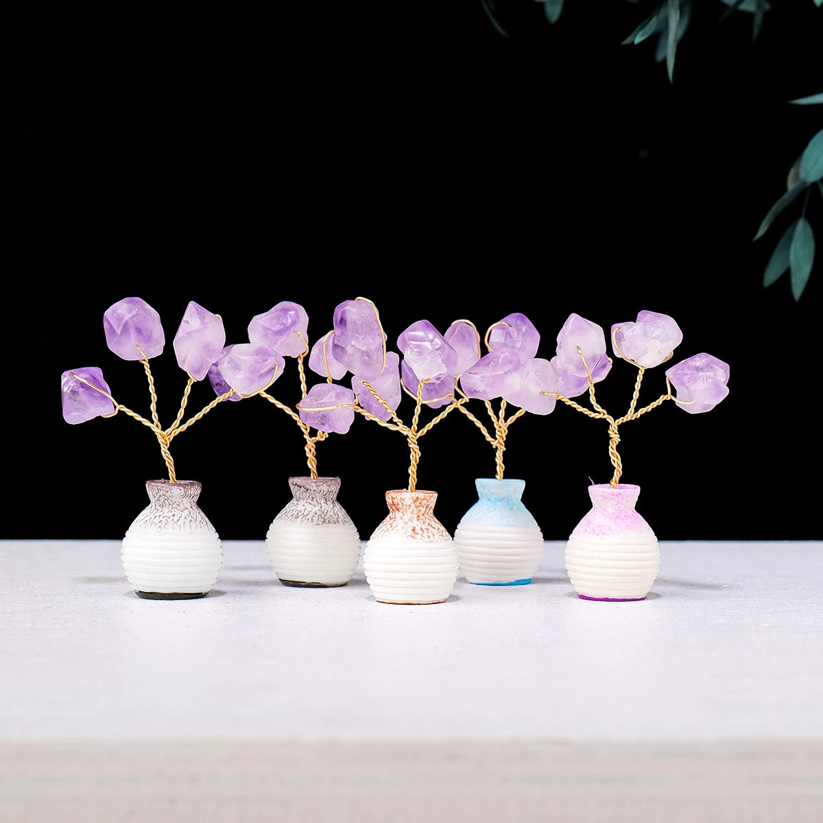 Natural Amethyst Tooth Flower Tree Vase DIY Handmade Mini Fortune Tree Home Desktop Car Decorative Crafts