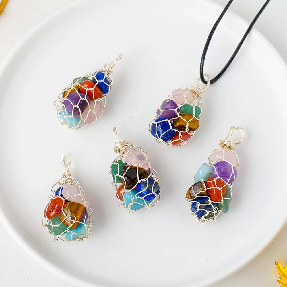 Natural Healing Chips Stone Chakra Crystal Gem DIY Pendant Copper Wire Mesh Bag Necklace Ornament