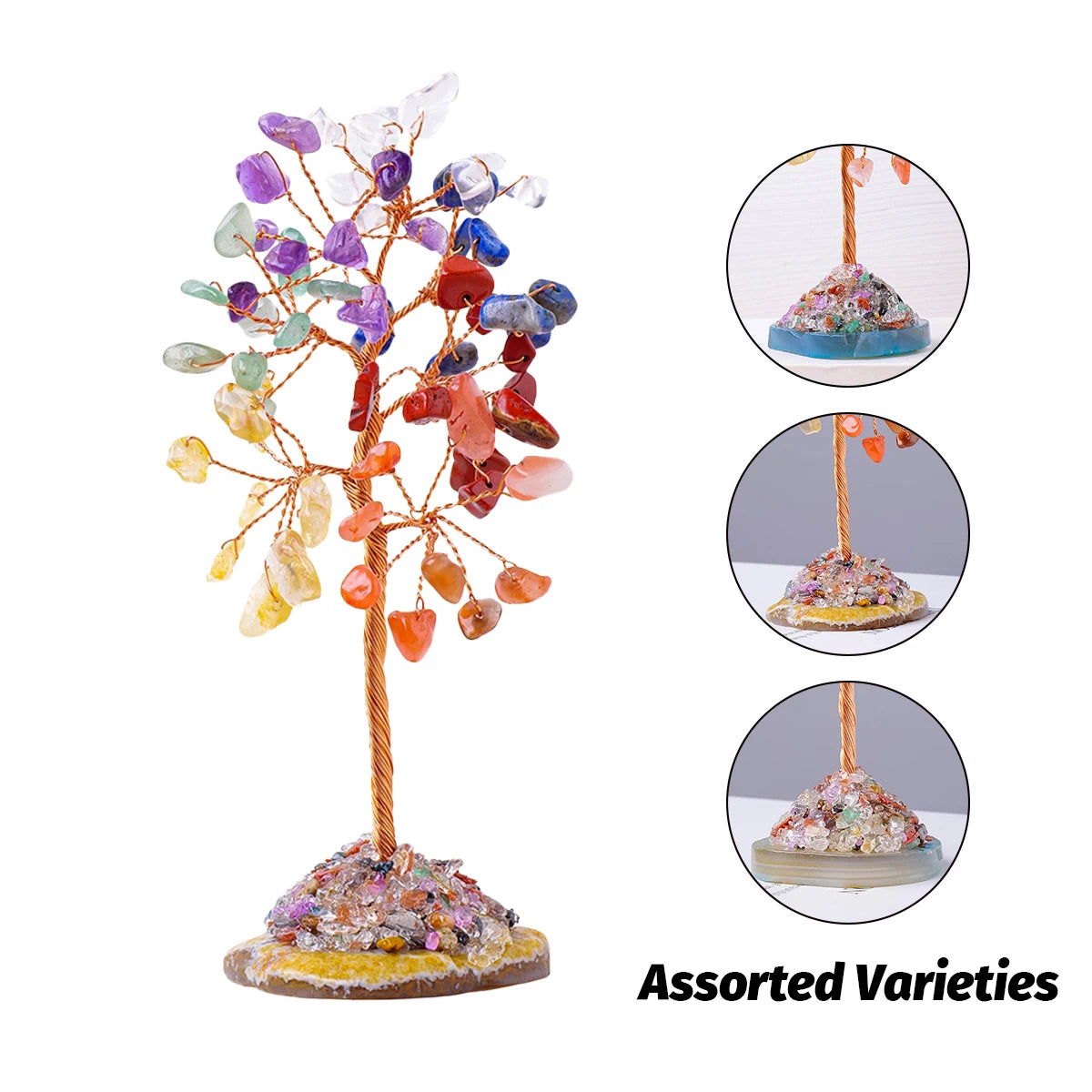 1PC Natural Crystal Lucky Tree Copper Wire Winding Colorful Gravel With Agate Slice Base Home Decoration Money Trees