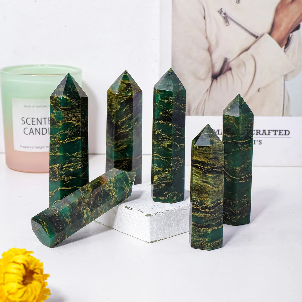 1PC Natural Crystal Emerald Point Healing Crystal Quartz Tower Healing Wand Stone Meditation Stone Energy Gem Home Decoration