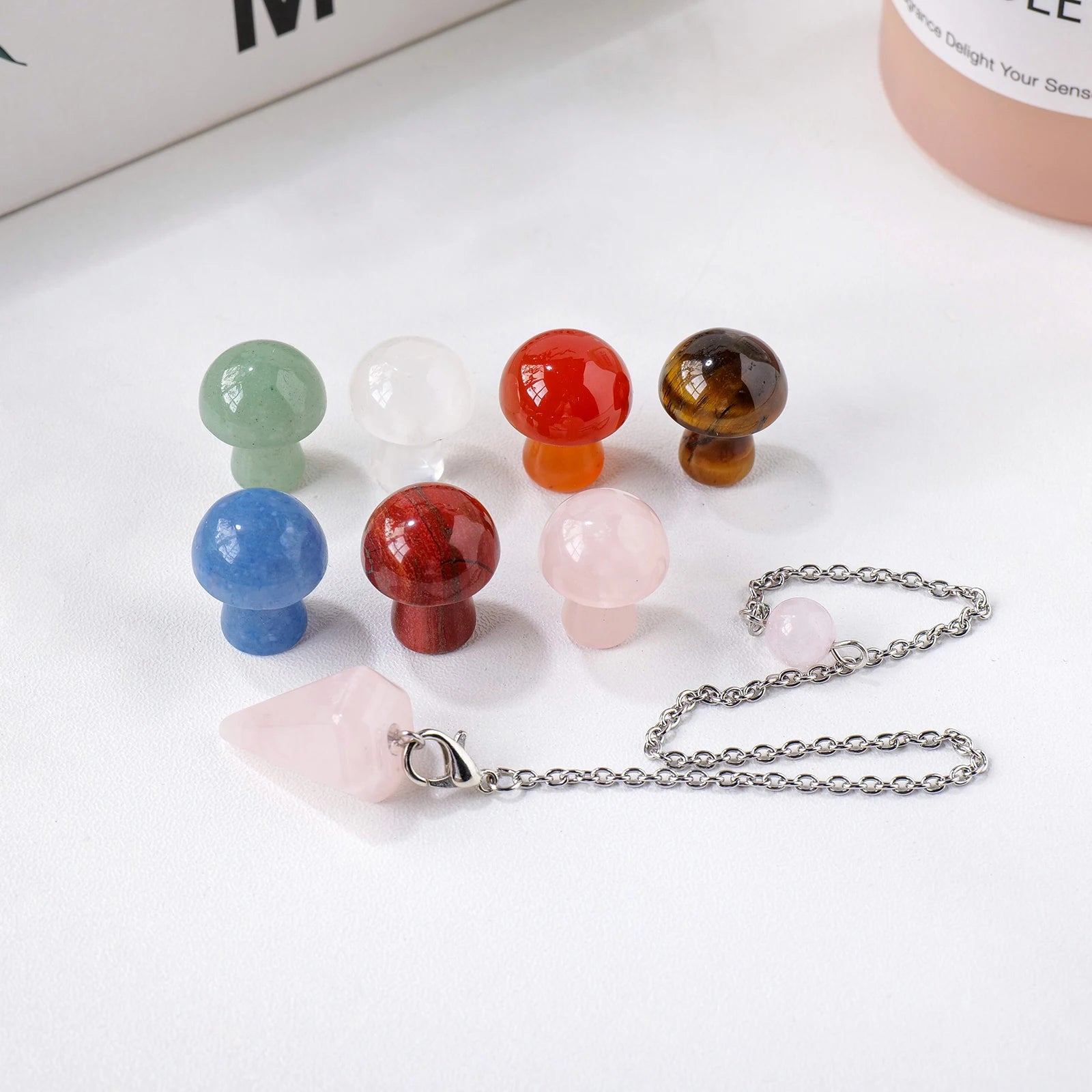 8pcs/set  Natural Seven Chakra Mushroom Healing Gemstones Rose Quartz Spiritual Wizardry Divination Energy Gifts