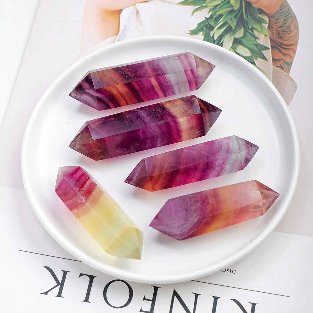 1PC Natural Crystal Wand Watermelon Fluorite Termated Double Crystal Point 6 Healing Obelisk Home Decor