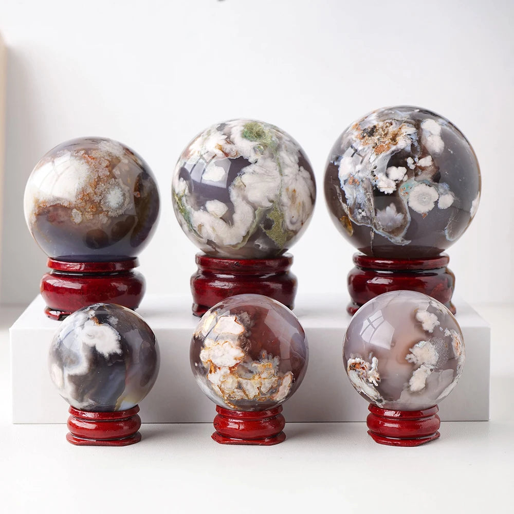 1PC Natural Crystal Stone Black Cherry Blossom Agate Crystal Sphere Energy Ball Home Decoration