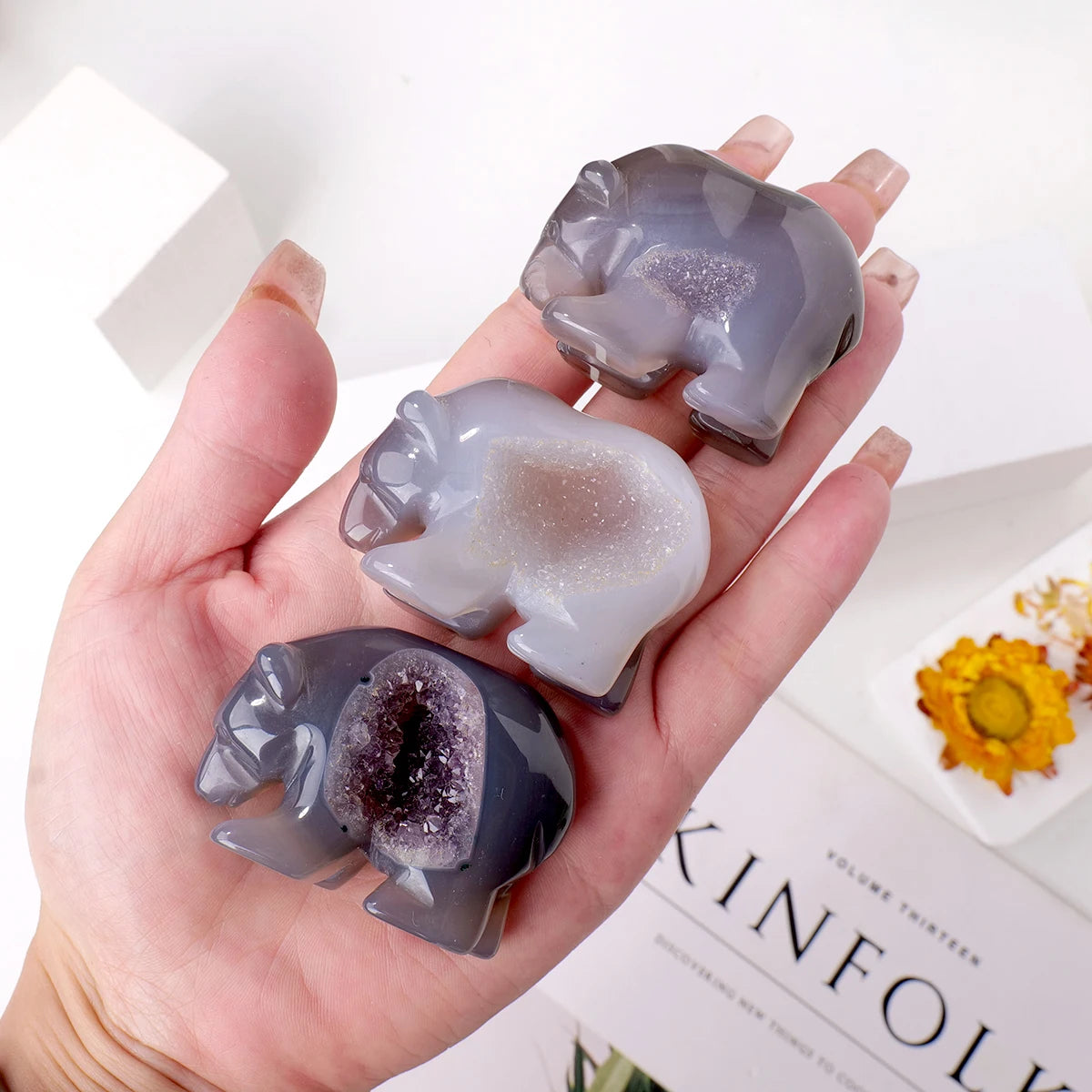 1PC Natural Crystal Agate Bear Hand Engraving Display Healing Crystals Home Decoration Gift