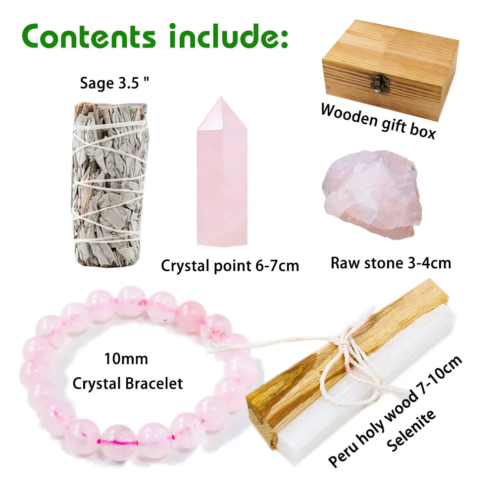 Natural Crystal Stone Smudge Stick Rose Quartz Amethyst Magic Wand Bracelet Divination and Witchcraft Wooden Gift Box