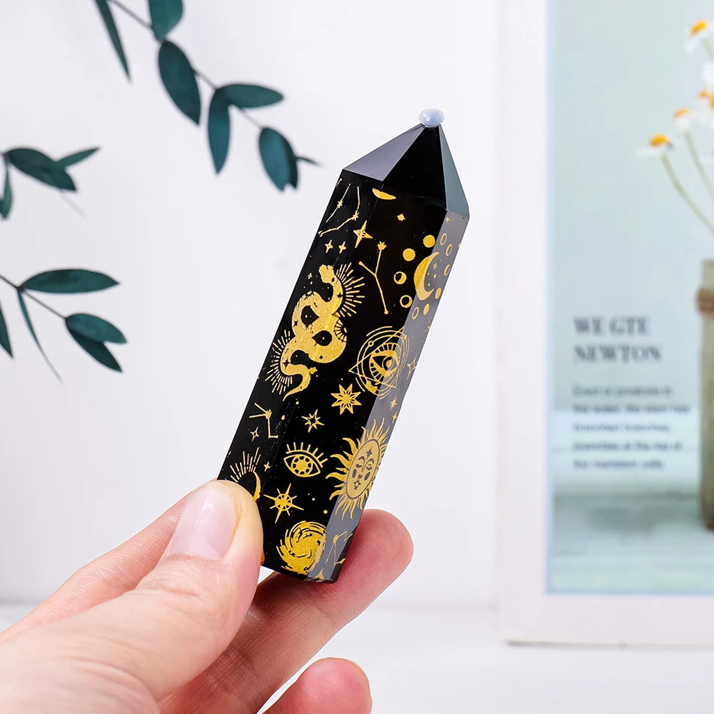 1PC Natural Black Obsidian Tower Chakra Point With Gold Star Moon Pattern Point Wand Healing Stone Energy Home Decor