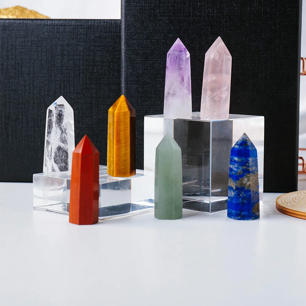 Natural Stone Hexagonal Point Seven Chakra Crystal Column Gift Box Chakras Yoga Treatment Gemstone Quartz With Wooden base