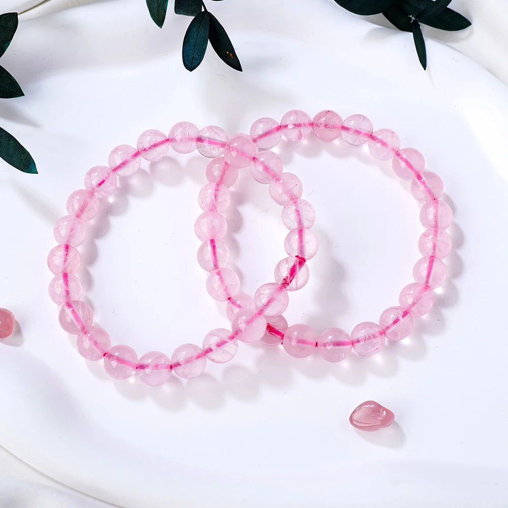 1PC Natural Stone Pink Quartz  Power Crystal Rose Quartz Beaded Bracelets Reiki Healing Energy Strand Bangles Girls Jewelry