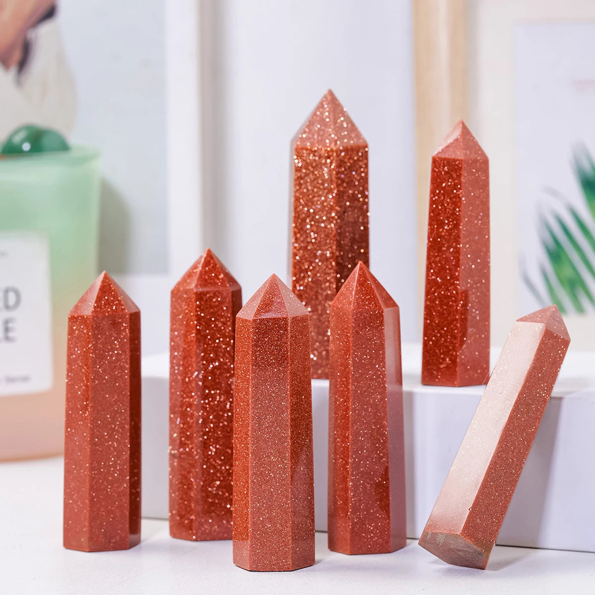 1PC Synthetic quartz Crystal Red Sandstone Hexagonal Prisms Point Beautiful Ornament For Home Decor Energy Stone Pyramid