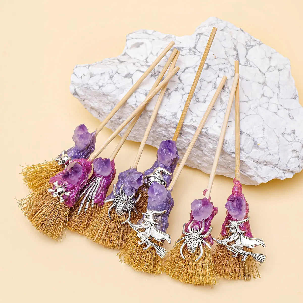 1PC Natural Crystal Amethyst Crystal Tooth Flower Gem Magic Mini Broom Quartz Witch Broom Reiki Gemstone For Cleansing Healing