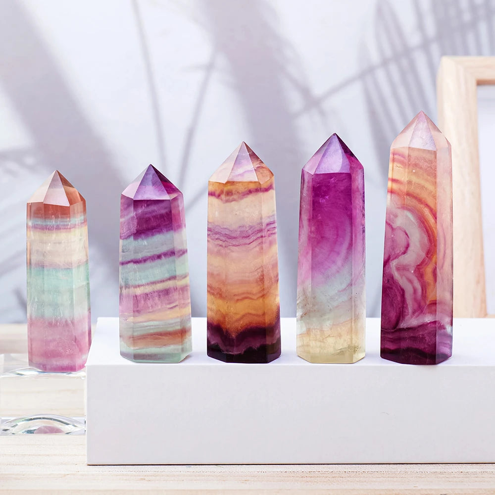 Natural Coloful Watermelon Fluorite Hexagonal Column Magic Point Crystal Tower Ornament for Home Decor Pyramid