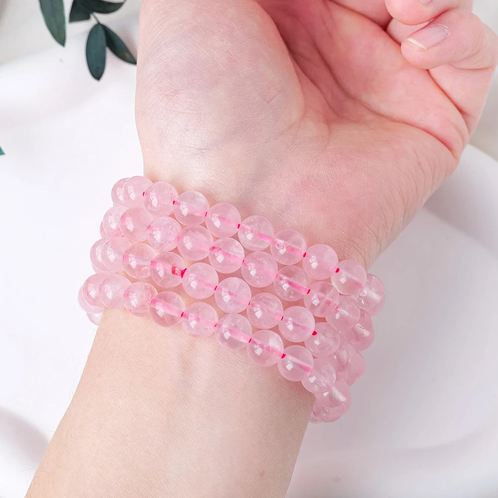 1PC Natural Stone Pink Quartz  Power Crystal Rose Quartz Beaded Bracelets Reiki Healing Energy Strand Bangles Girls Jewelry