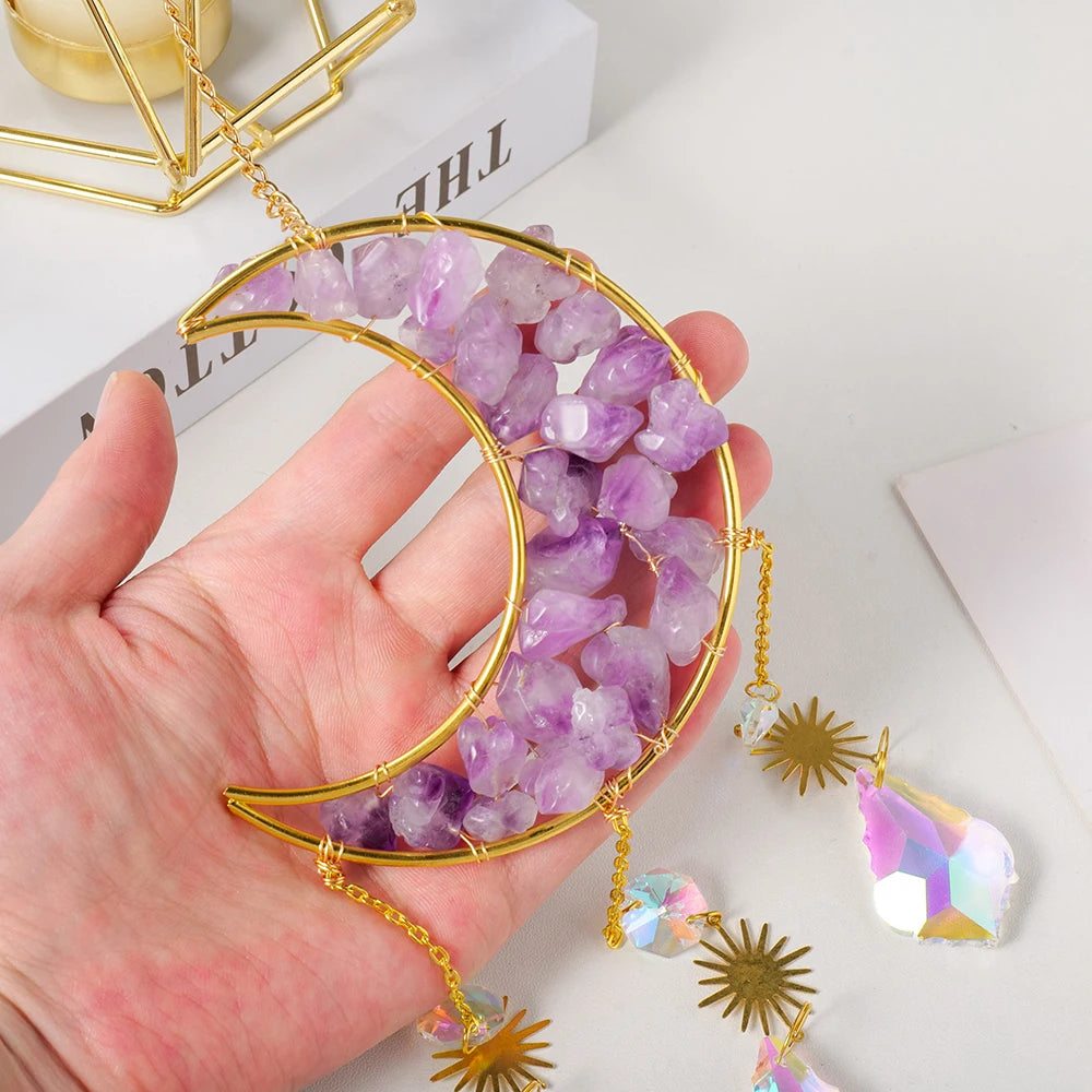 Natural Crystal Stones Handmade Amethyst Gemstones Gravels Sun Catcher Moon Pendant Hanging Ornament  For Lighting Decoration