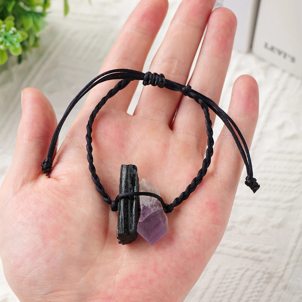 Natural Gemstone Bracelet Irregular Hand Woven Energy Amethyst Jet Stone Crystal Bangles Quartz Wristband For Women