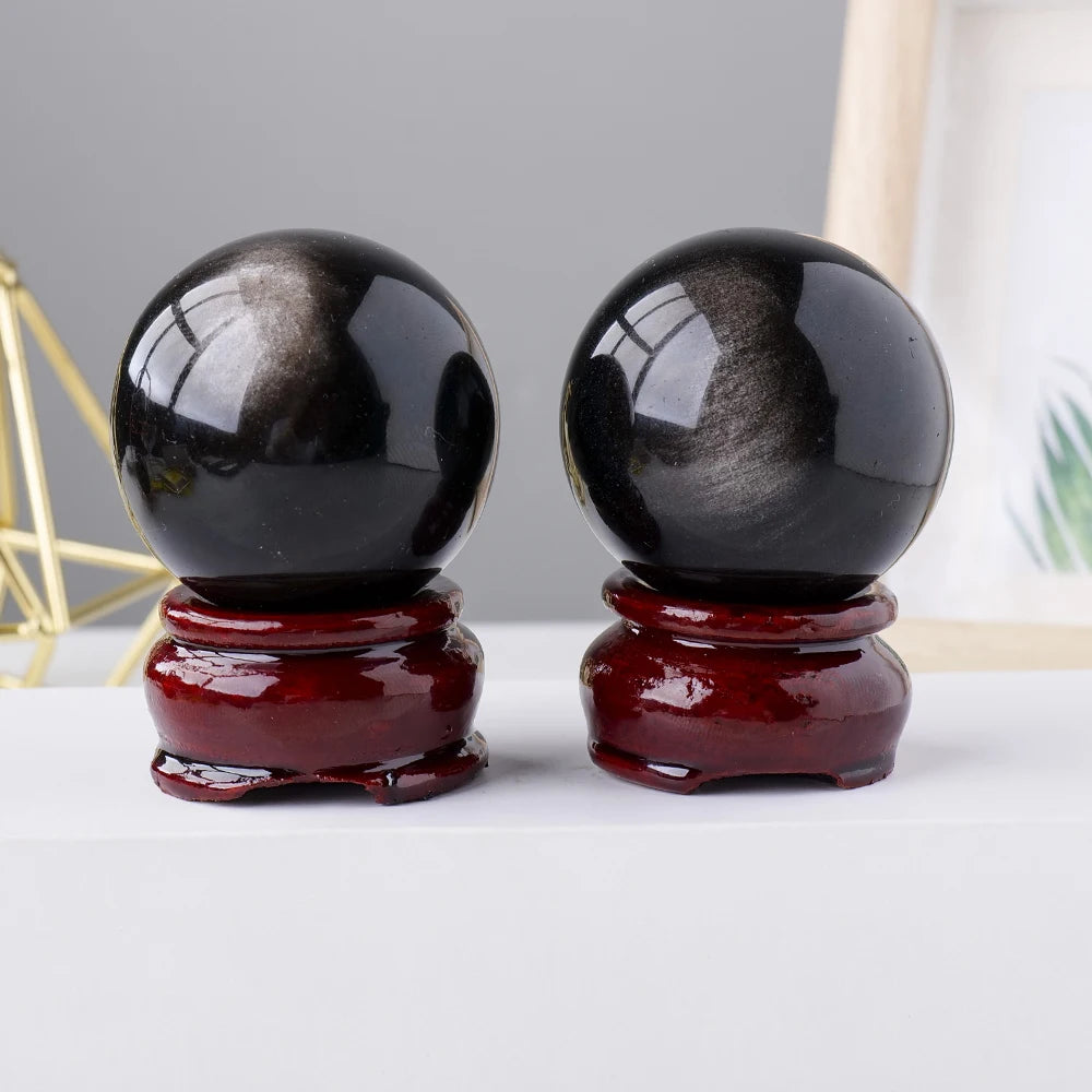 1PC Natural  Silver Obsidian Crystal Sphere Magic Ball Polished Globe Massaging Ball Reiki Healing Stone With Wooden Base