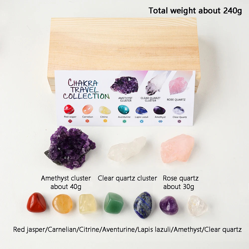 Natural Healing Crystal Set Amethyst Cluster Carnelian Rose Quartz Rough Stone Wooden Box Set For Witchcraft Supplies Home Decor