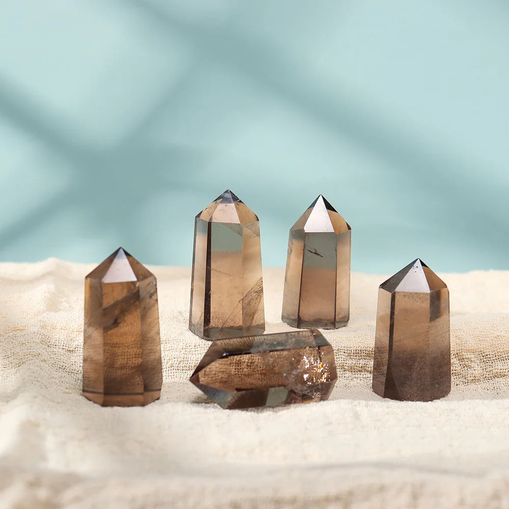 30-40mm Natural Crystal Stone Healing Gemstone Smokey Quartz  Wand Tea Crystal point Hexagonal Crystal Column Ornament