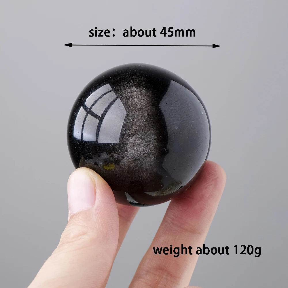 1PC Natural  Silver Obsidian Crystal Sphere Magic Ball Polished Globe Massaging Ball Reiki Healing Stone With Wooden Base