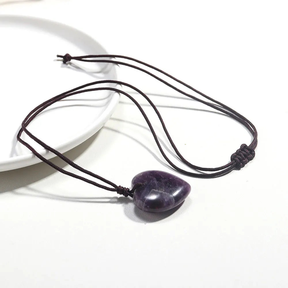 1PC Natural Amethyst Gemstone Heart Shape Pendant Love Shape Energy Necklace jewelry Reiki Beloved Female Mom Mother's Day