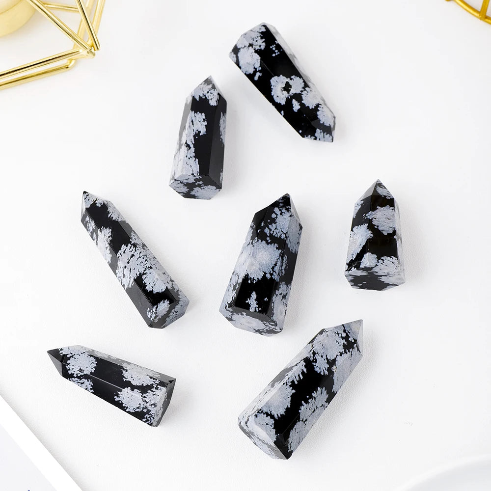 40-60mm Natural Crystal Point Healing Stone Black Snow Obsidian Hexagonal Prisms Obelisk Wand Stone Home Decor 1PC