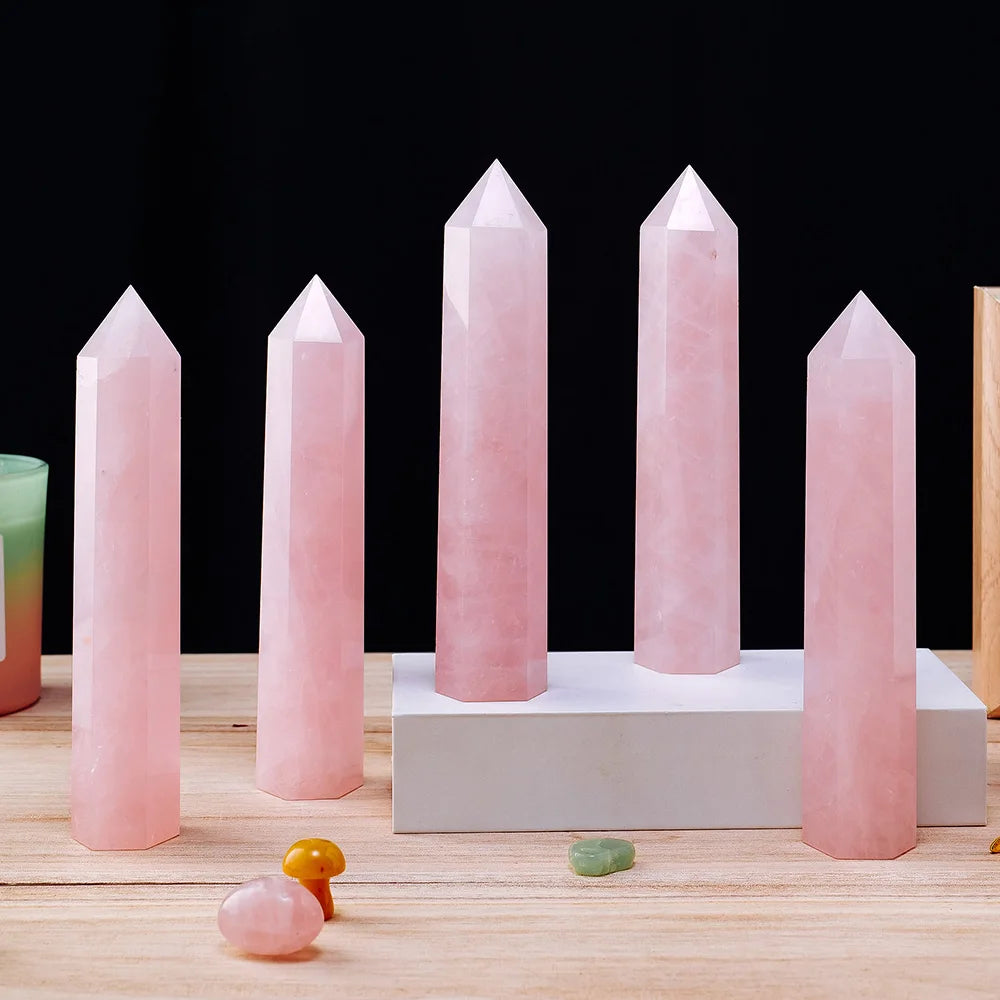 1pc Natural Rose Quartz Crystal Point Pink Crystal Column Hand Polished Hexagon For Home Furnishing Decoration