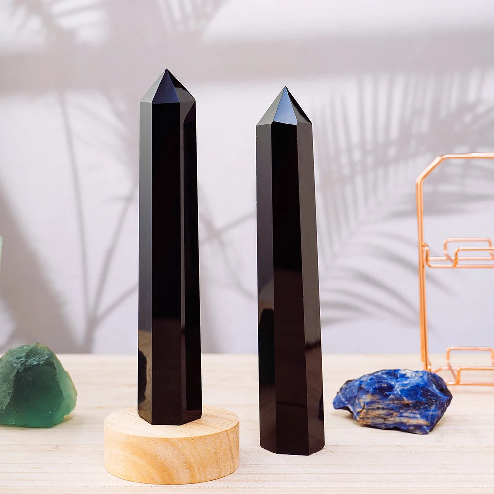 1PC 15-16cm Natural Black Quartz Obsidian Big Wand Crystal Point Energy Stone Gift For Home Decoration