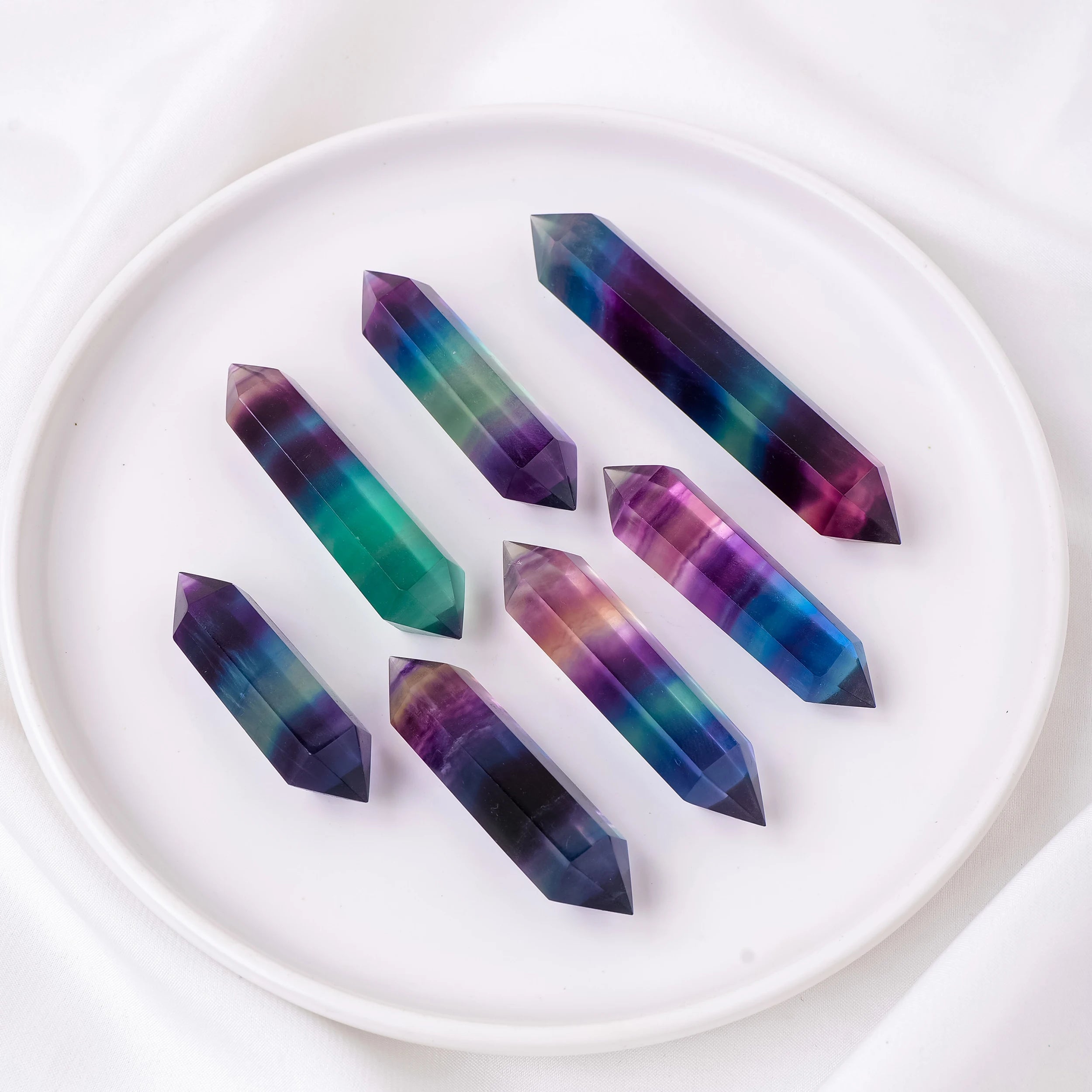 1PC Natural Crystal Wand Rainbow Fluorite Termated Double Crystal Point 6 Healing Obelisk Home Decor