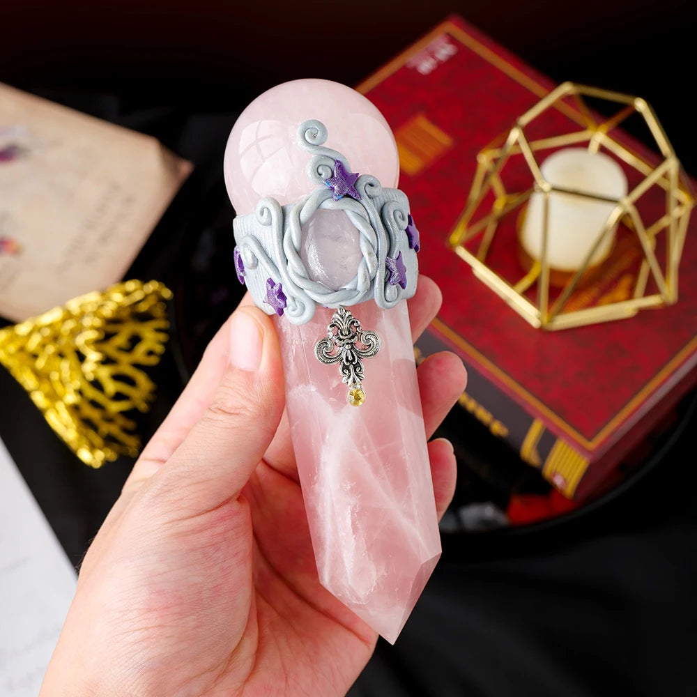 Natural Rose Quartz Magic Wand Crystal Sphere DIY Crystal Scepter Witchcraft & Divination Energy Gemstone Home Decoration