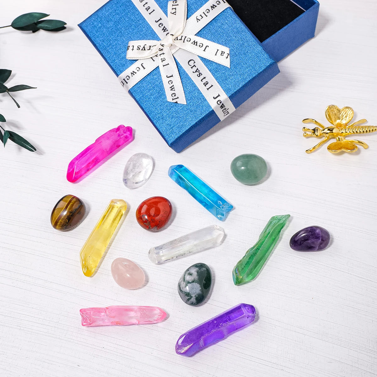 14pcs / box Natural Seven Chakra Therapy Electroplate Stone Rose Quartz Healing Gemstone Bracelet Crystal Heart Chakra Box