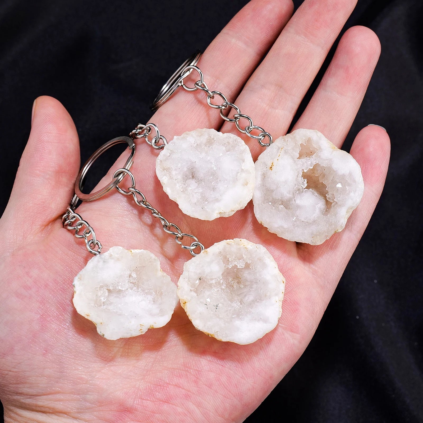 1PC Natural Gem Stone Keychains Clear Quartz Cluster White Agate Cave Key Chain For DIY Car Key Rings Chains