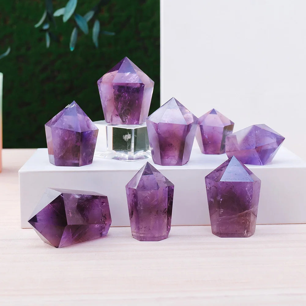 1PC Natural Crystal Stone Purple Quartz Brazil Amethyst Crystal Tower Pyramid Decorations Reiki Healing Meditation Balancing