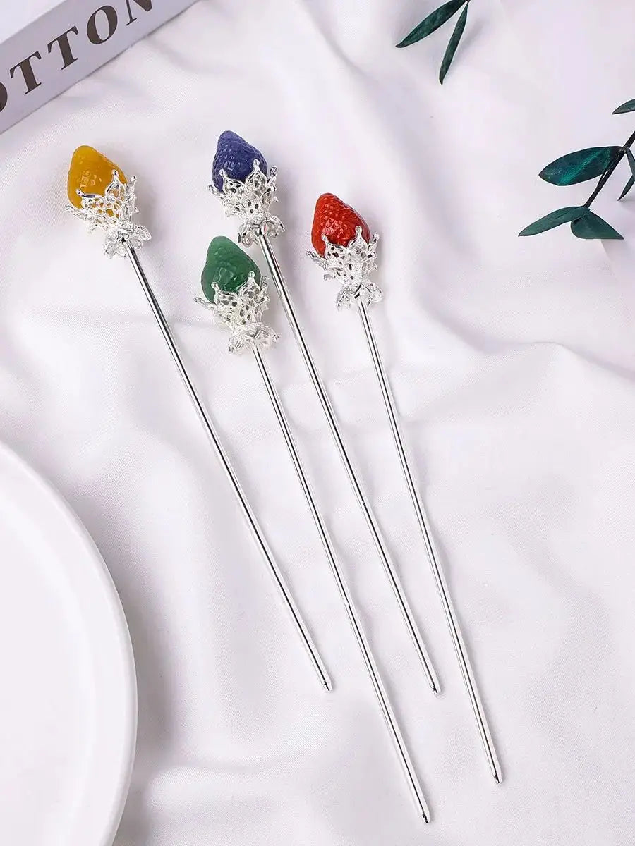 1pc Natural Crystal Strawberry Hairpin Fruit Statue Hair Clip Headwear Accessories for Women Girls Retro Jewelry