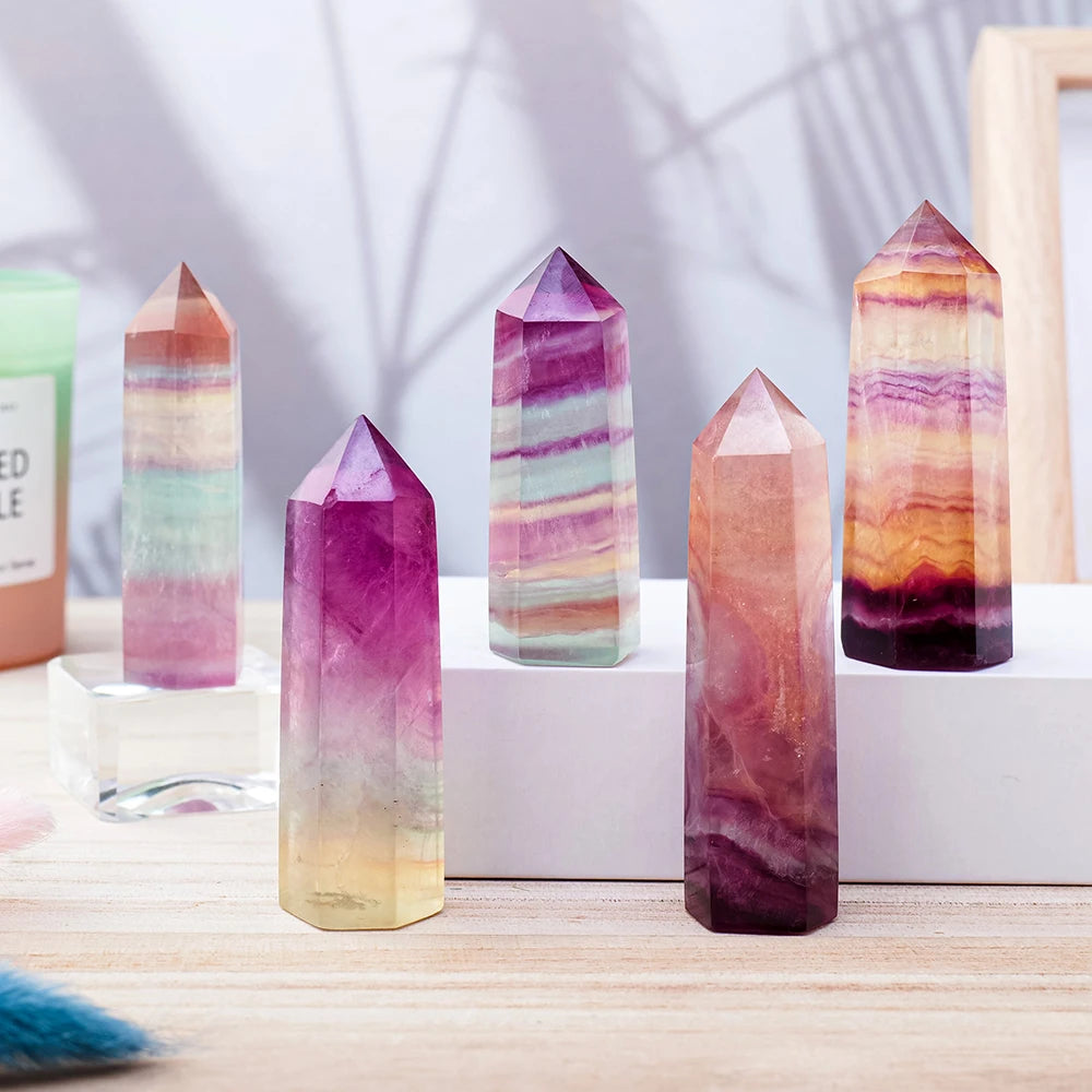 Natural Coloful Watermelon Fluorite Hexagonal Column Magic Point Crystal Tower Ornament for Home Decor Pyramid