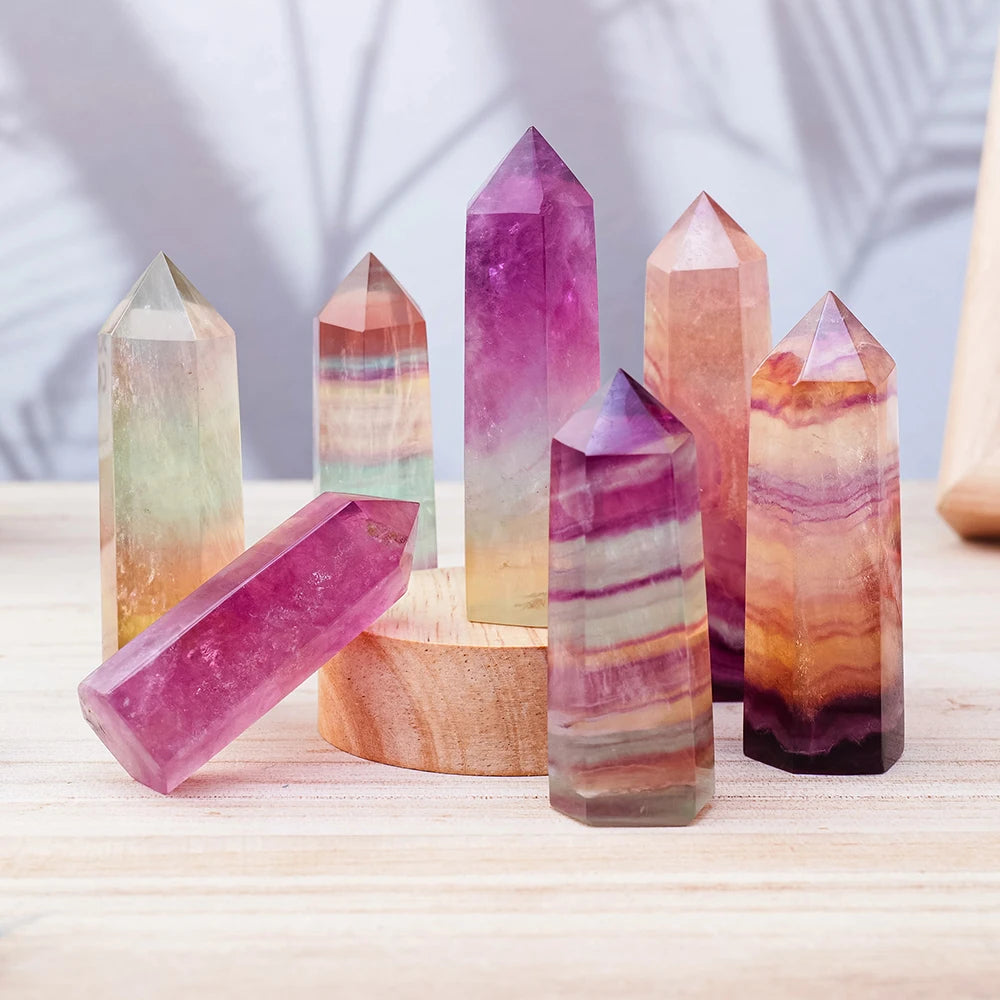 Natural Coloful Watermelon Fluorite Hexagonal Column Magic Point Crystal Tower Ornament for Home Decor Pyramid