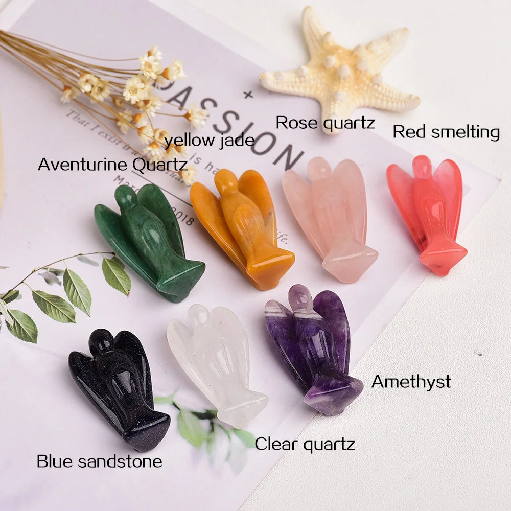 7pcs/set Natural crystal 2inches angel Hand carved craftsPatron Saint Cure Gemstone Home Decoration wood Gift DIY