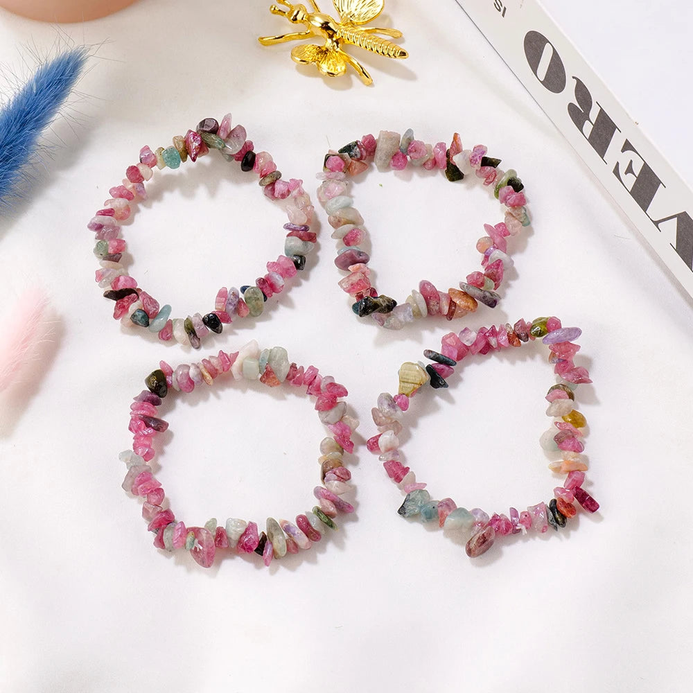 1PC Natural Gem Stone Bracelet Coloured Tourmaline Crystal Stretch Chip beads Nuggets Bracelets Bangles Quartz Wristband