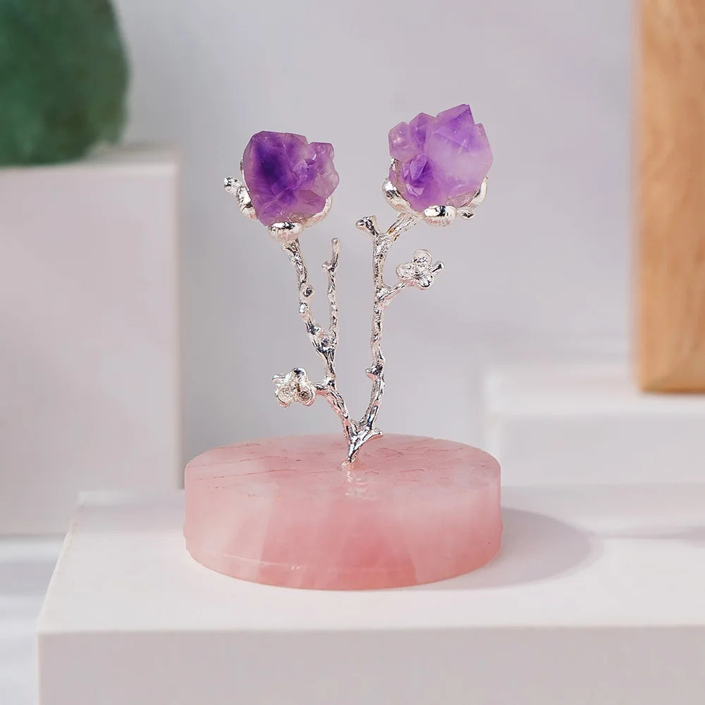 1pc Natural Amethyst Flowers Crystal Lucky Tree Rose Quartz Base Gemstone Reiki Chakra Feng Shui Trees Home Decor