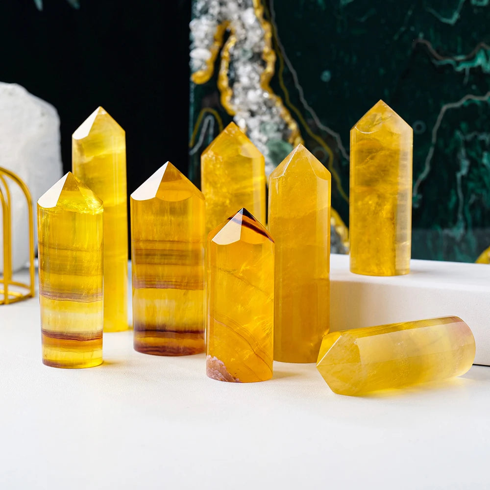 Natural Healing Crystal Tower Yellow Fluorite Crystal Cylinder Magic Point  Meditation Home Decor Collection Gift